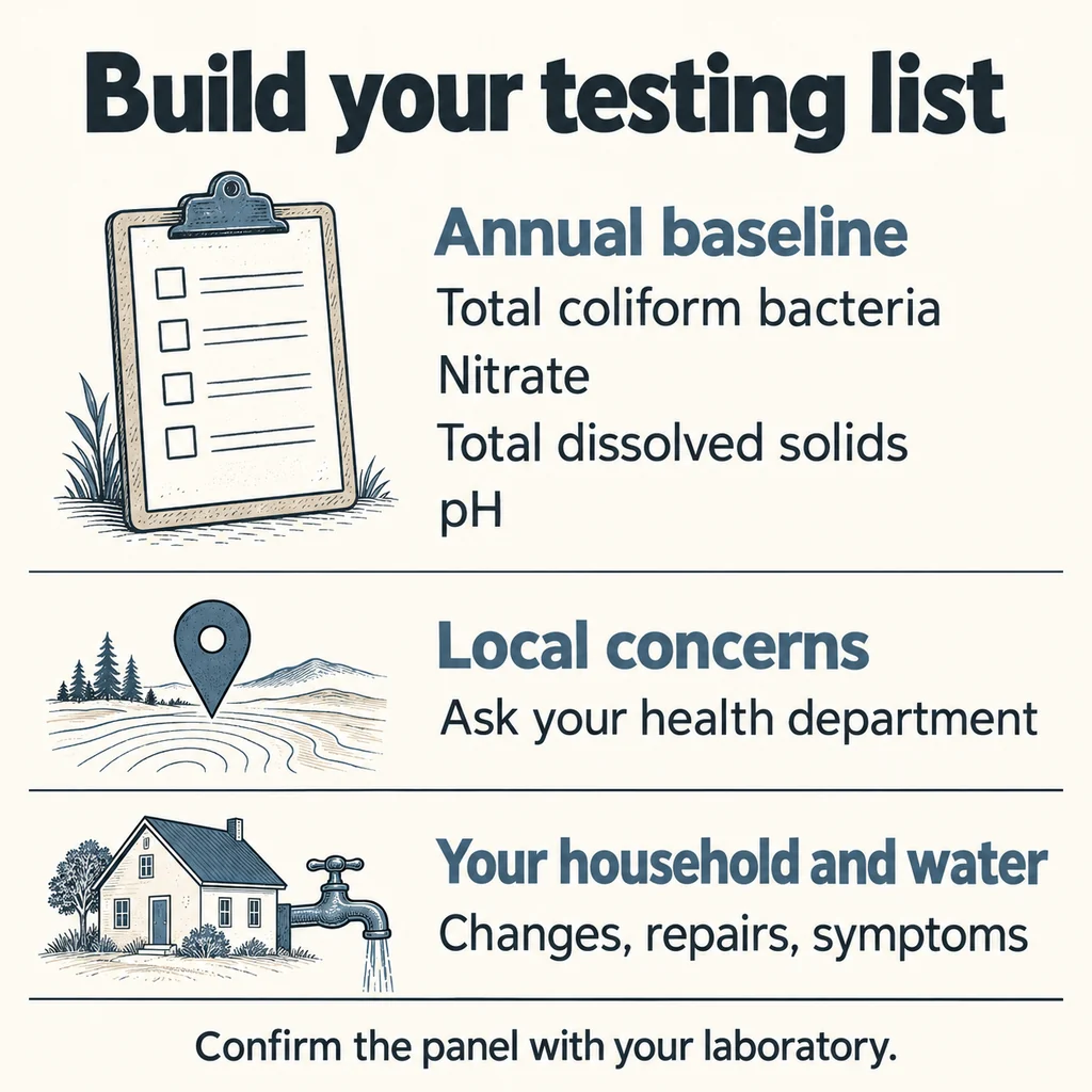 Testing-list overview: annual total coliform bacteria, nitrate, total dissolved solids and pH checks, plus justified local and household concerns.