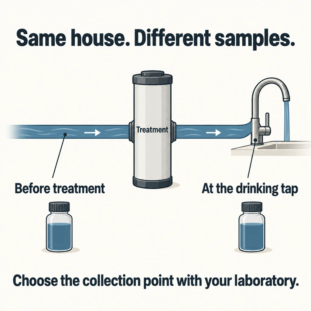 Simplified flow from incoming water through treatment to a drinking tap, with separate callouts for before-treatment and drinking-tap samples.