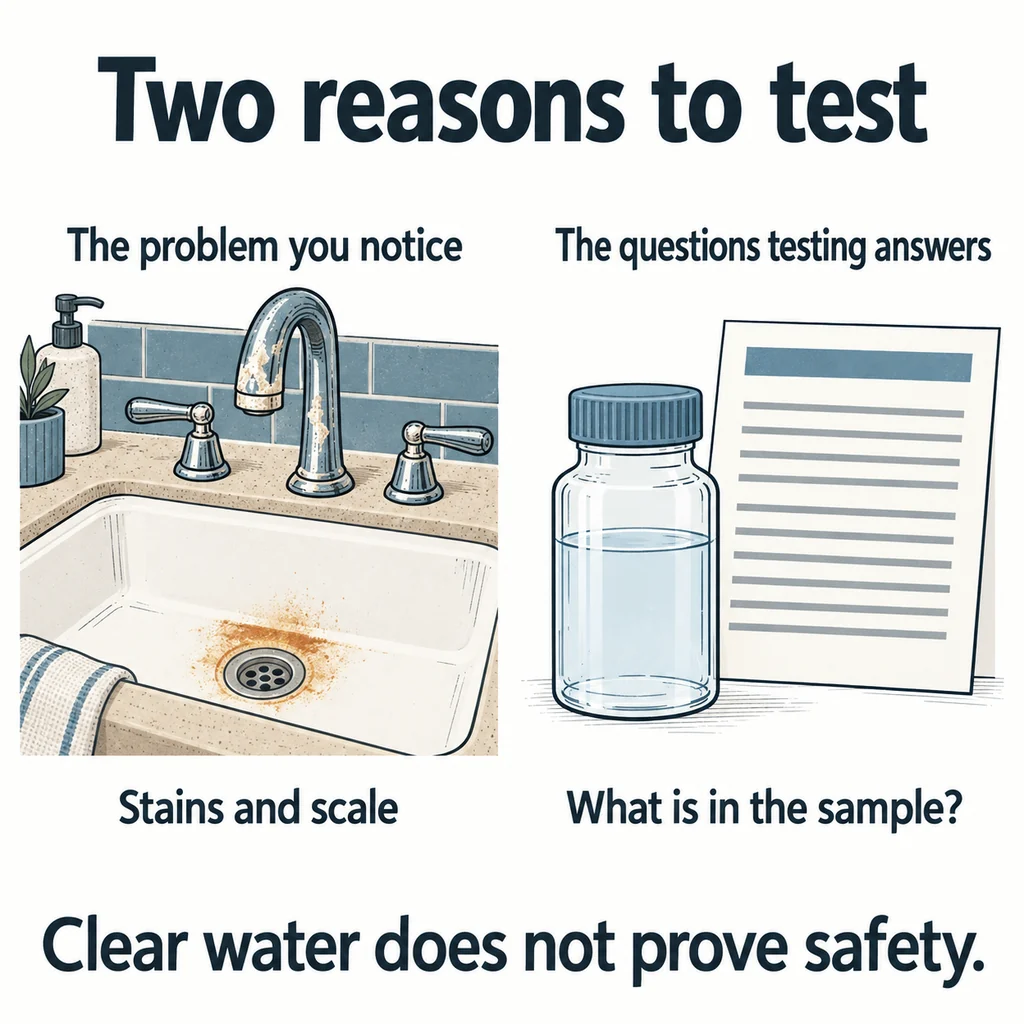 A stained sink beside a clear sample bottle and report: nuisance symptoms and drinking-water concerns call for different testing questions.